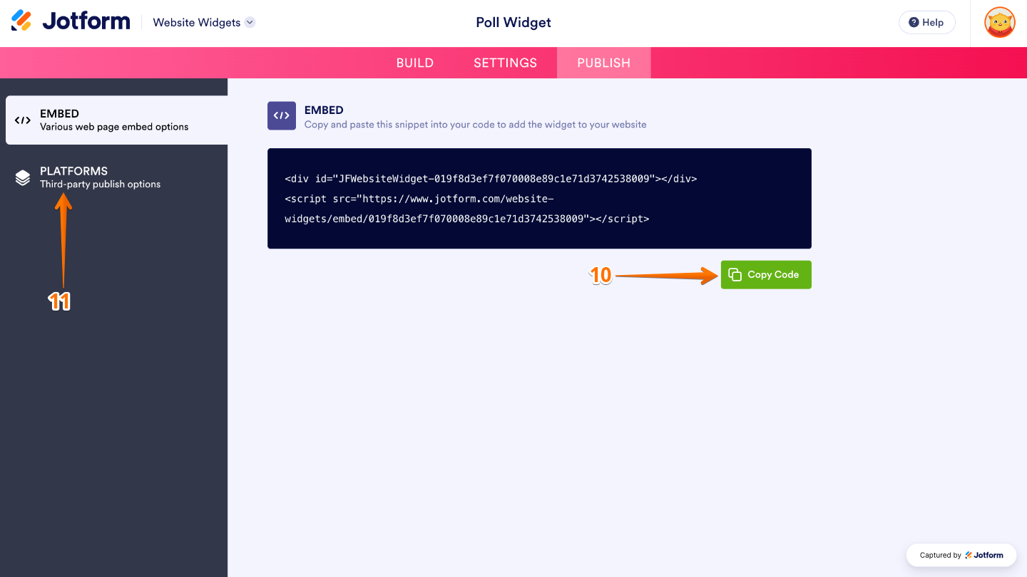 Copying the Poll widget embed code or selecting Platforms to view platform-specific embedding instructions