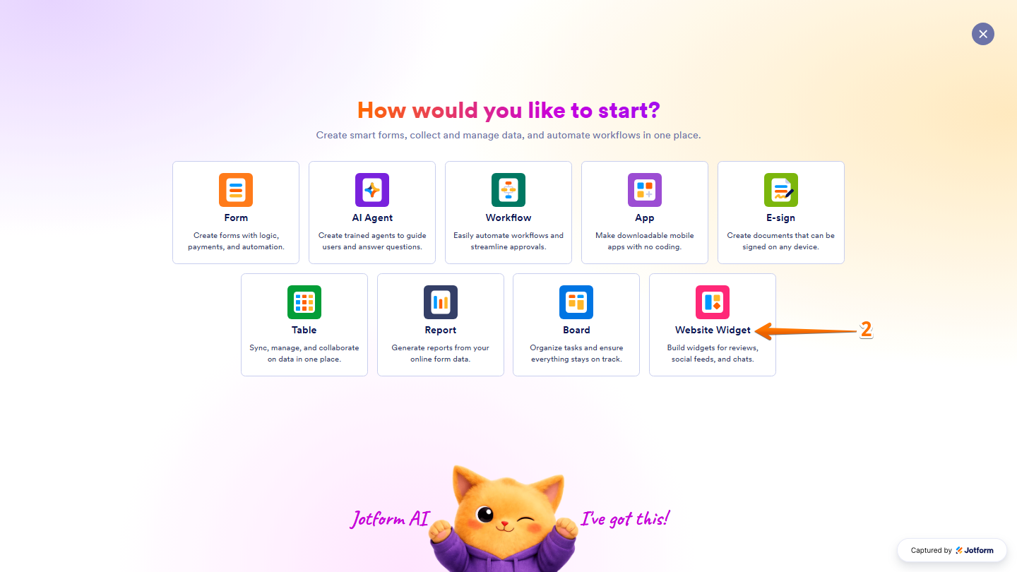 Create menu displaying the Website Widget option ready to be selected