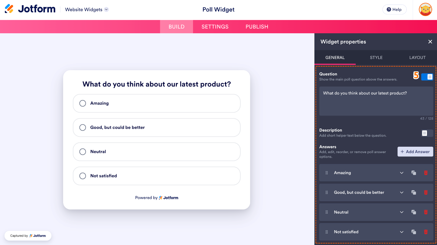 Configuring the Poll widget by entering a question, adding a description, and managing answer choices with add, edit, duplicate, and delete options