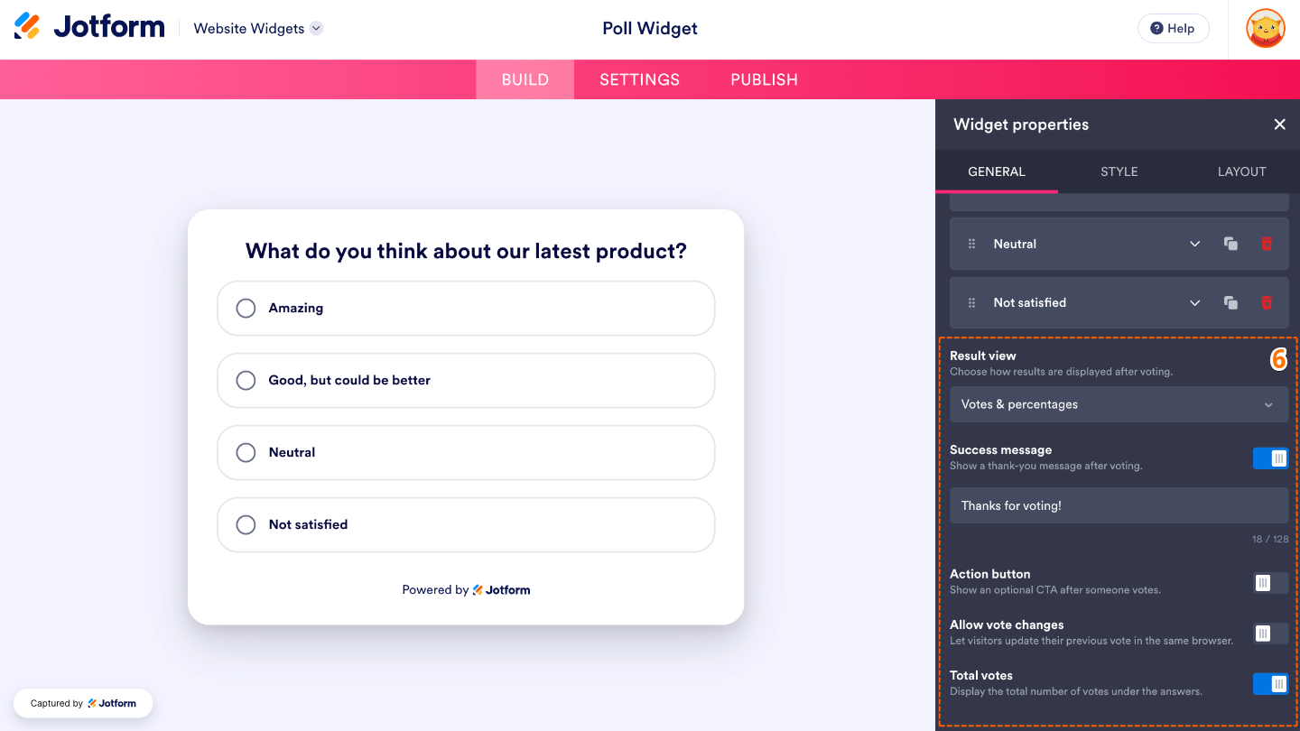 Configuring the Poll widget by customizing the results display, success message, action button, vote changes, and total vote visibility