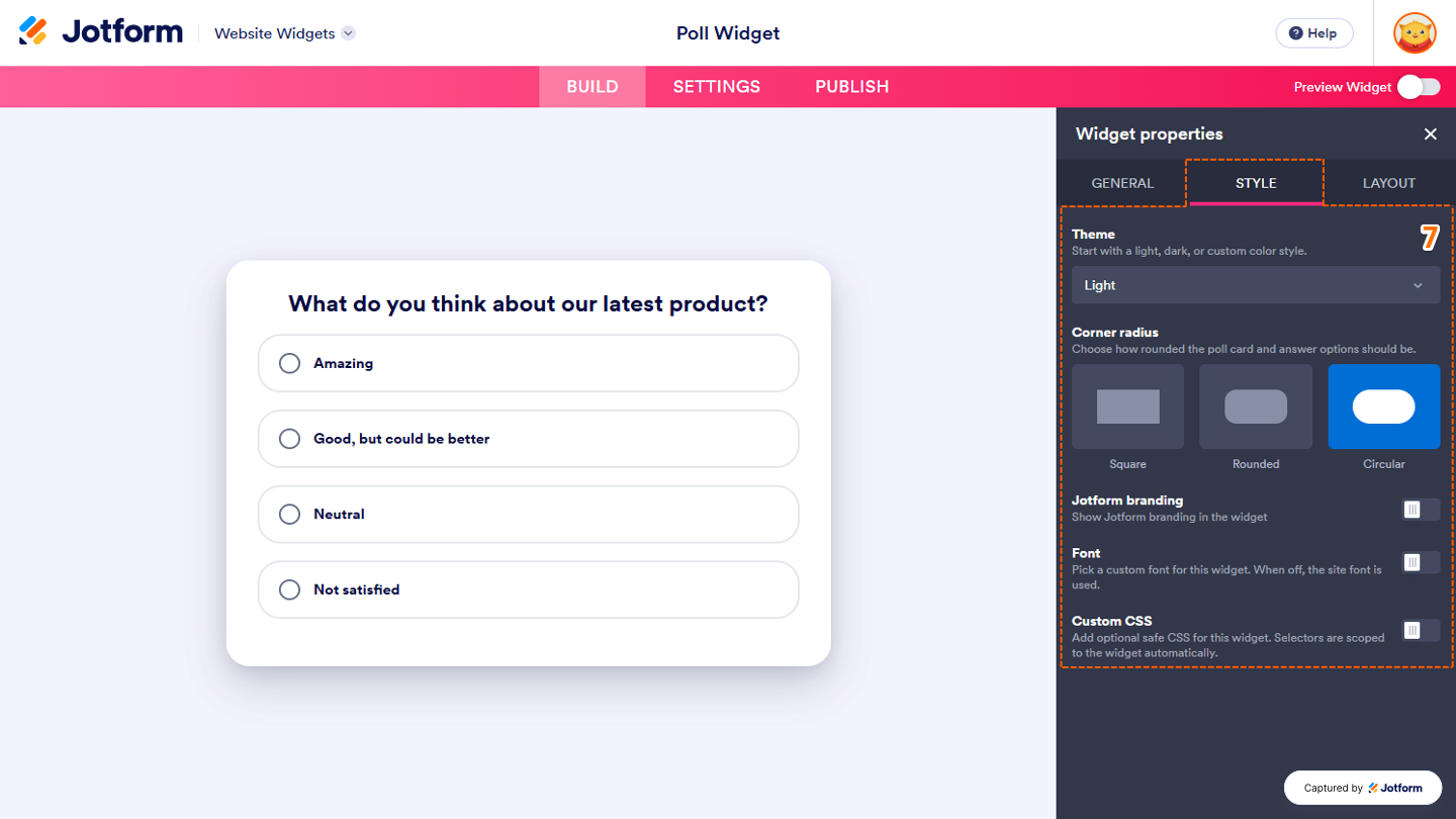 Poll widget Styles tab showing options to customize the Theme, adjust the Corner Radius, show or hide Jotform Branding, match the website’s font using Font, and apply advanced styling with Custom CSS