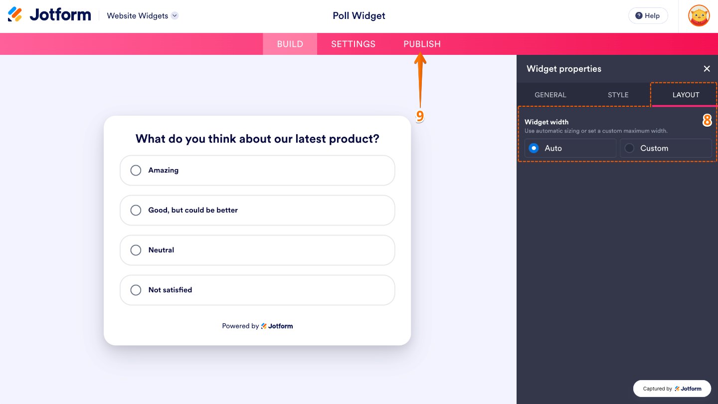 Configuring the Poll widget by adjusting its width to fit the website layout before clicking Publish
