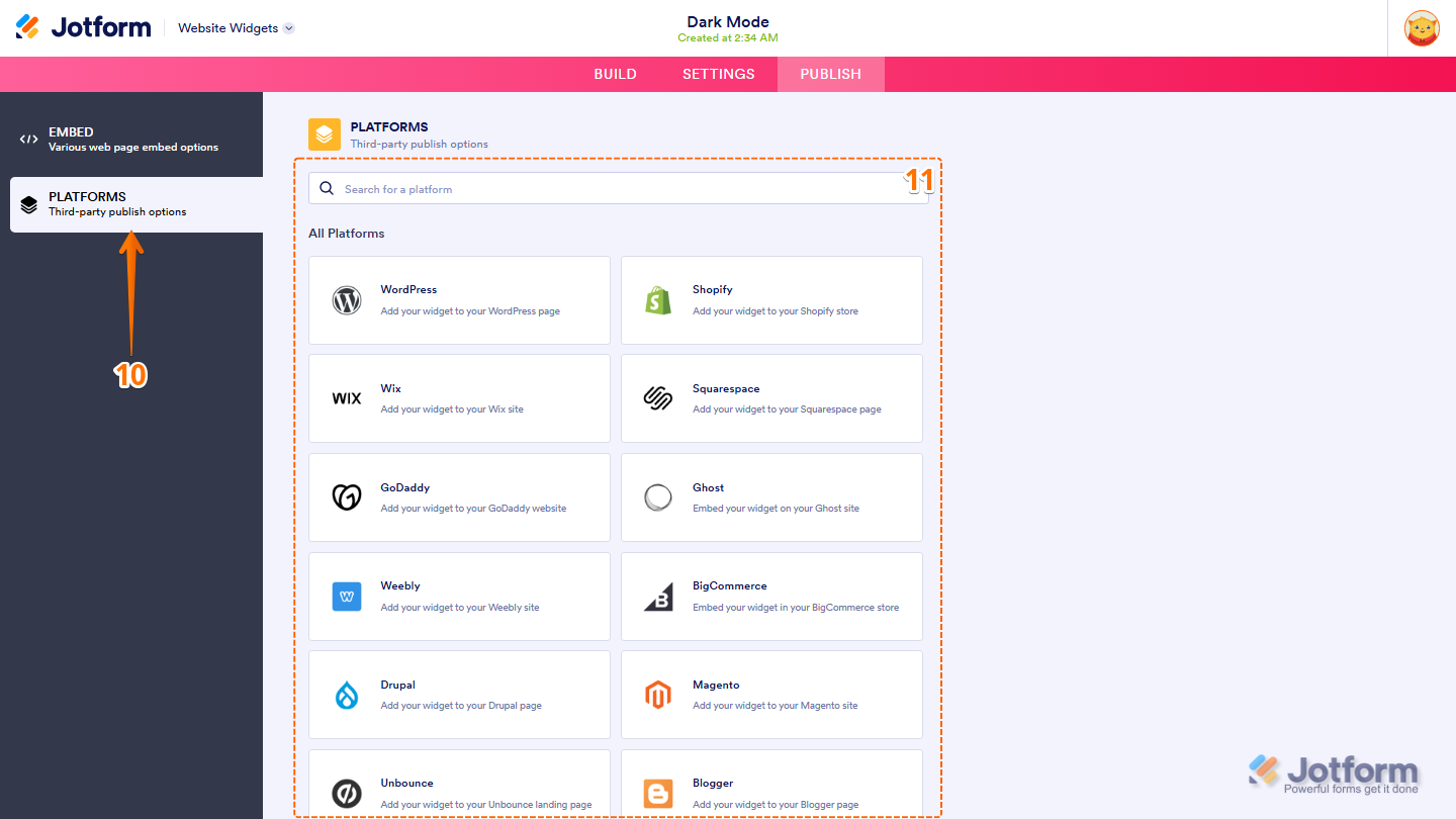 Jotform Embed page displaying the Platforms menu on the left and a list of supported website platforms on the right, with a Search bar for finding platform-specific embedding instructions for the Dark Mode widget