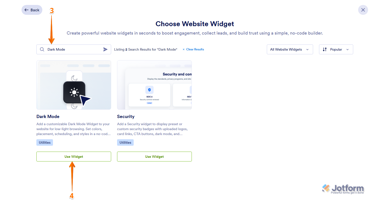 Jotform Choose Website Widget window with Dark Mode entered in the search bar and the Use Widget button visible on the Dark Mode widget card in the search results