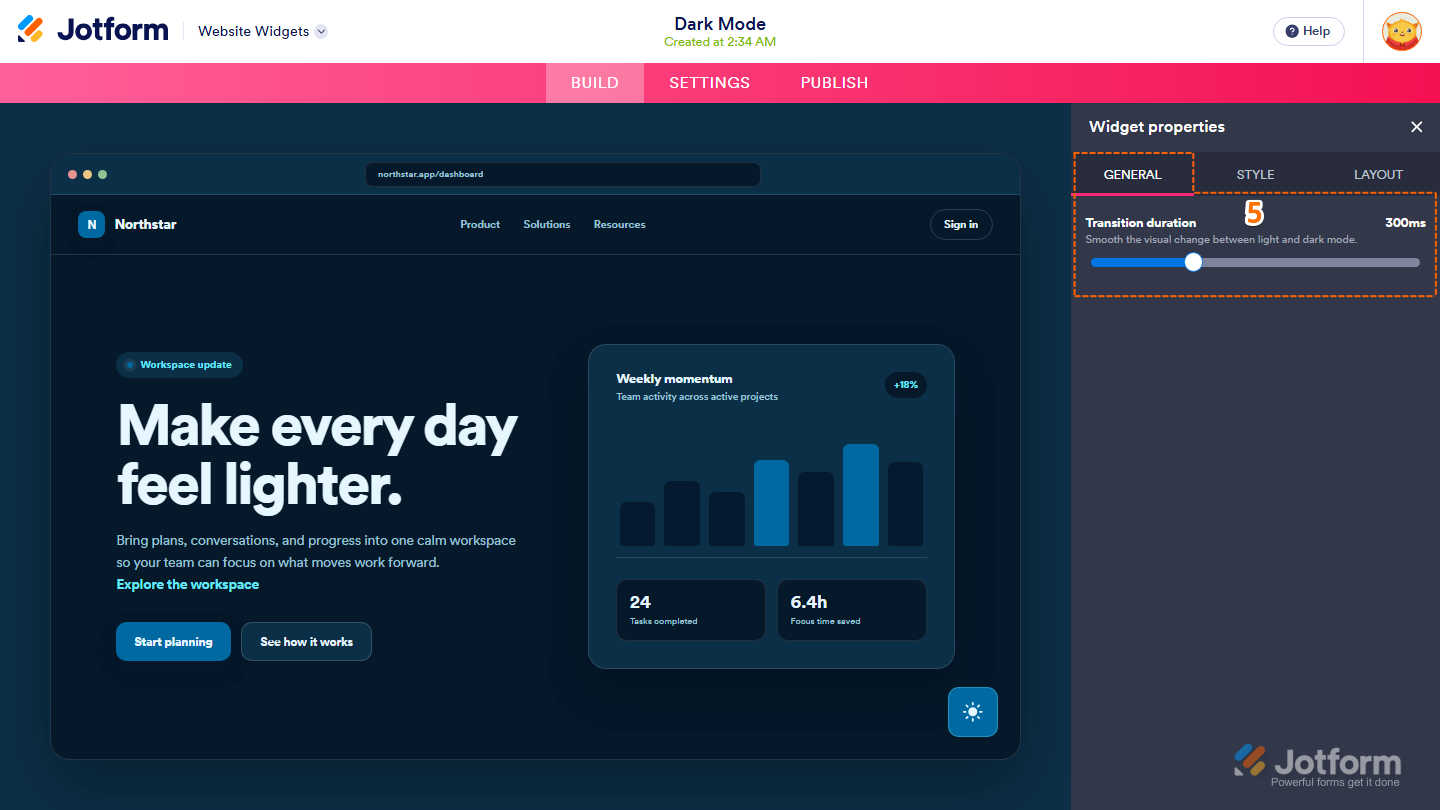 Jotform Website Widget Builder displaying the Widget Properties panel under the General tab with the Transition Speed slider highlighted for adjusting the transition speed between light and dark mode