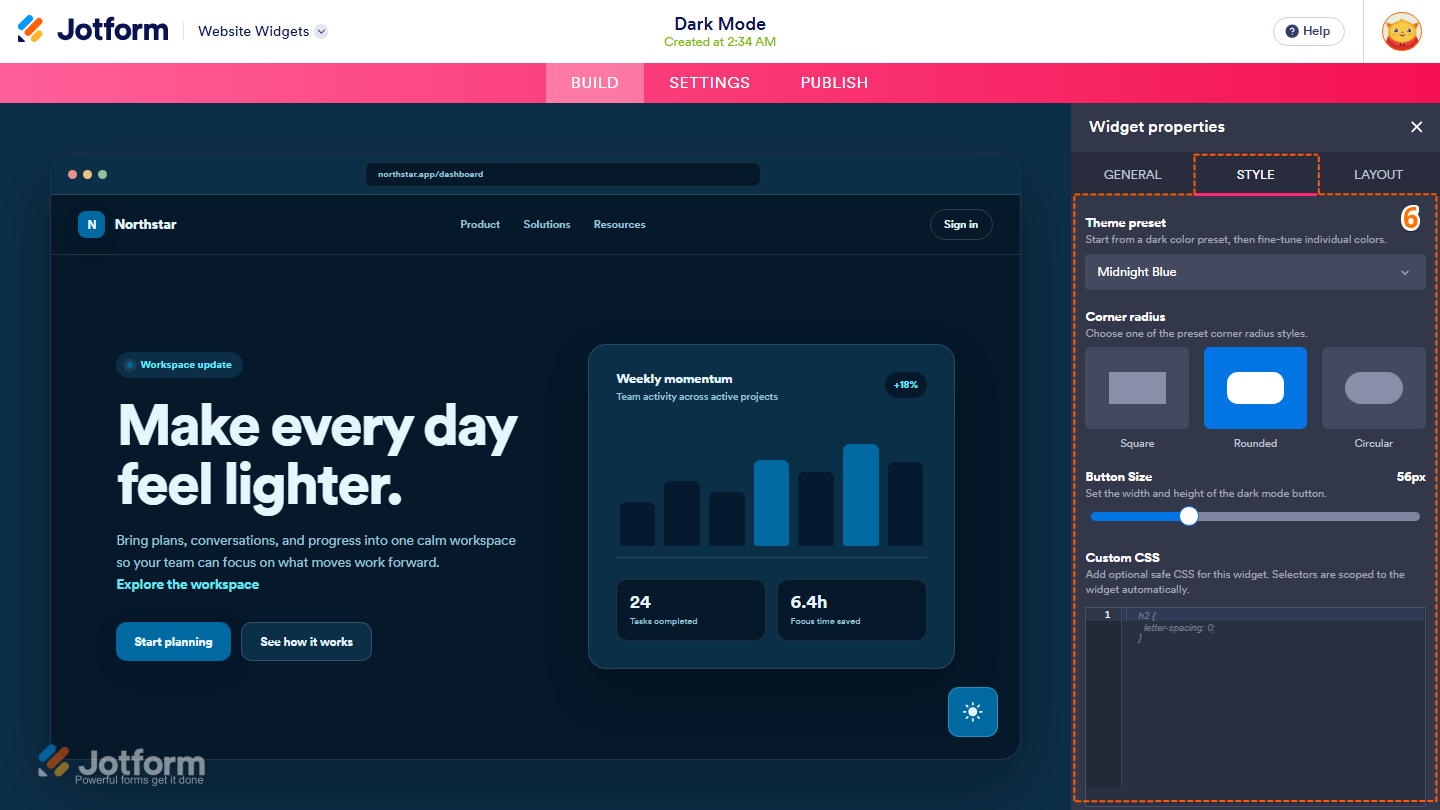 Jotform Website Widget Builder displaying the Widget Properties panel under the Style tab with Theme Preset dropdown, Corner Radius options, Button Size slider, and Custom CSS field for customizing the Dark Mode widget