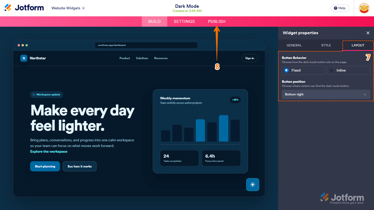 Jotform Website Widget Builder displaying the Widget Properties panel under the Layout tab with Button Behavior and Button Position options, and the Publish button visible in the pink navigation bar at the top of the page