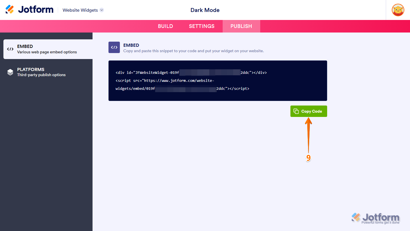 Jotform Embed section displaying the Copy Code button for copying the published Dark Mode widget embed code