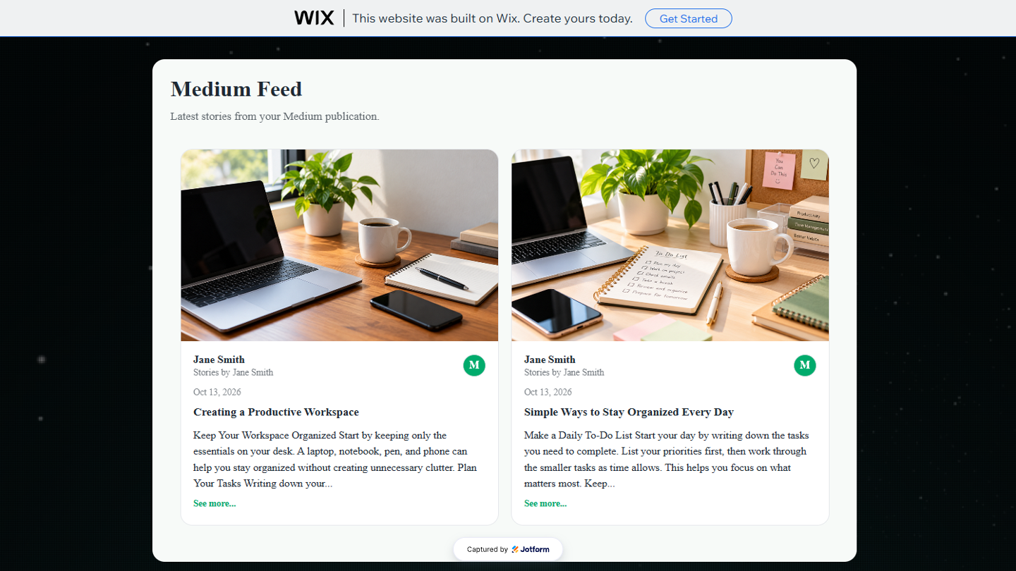 Medium Feed widget displayed on a website, showing Medium stories in the selected layout with the configured titles, descriptions, and post details