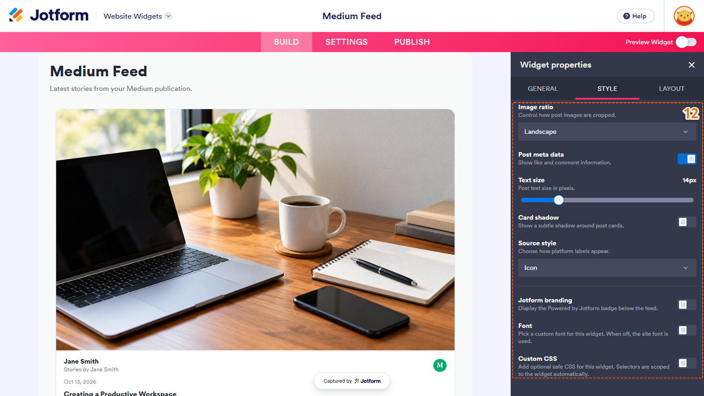 Website Widgets Style tab showing options to customize the Image Ratio, Post Meta Data, Text Size, Card Shadow, Source Style, Jotform Branding, Font, and Custom CSS to adjust the feed’s layout, appearance, and branding