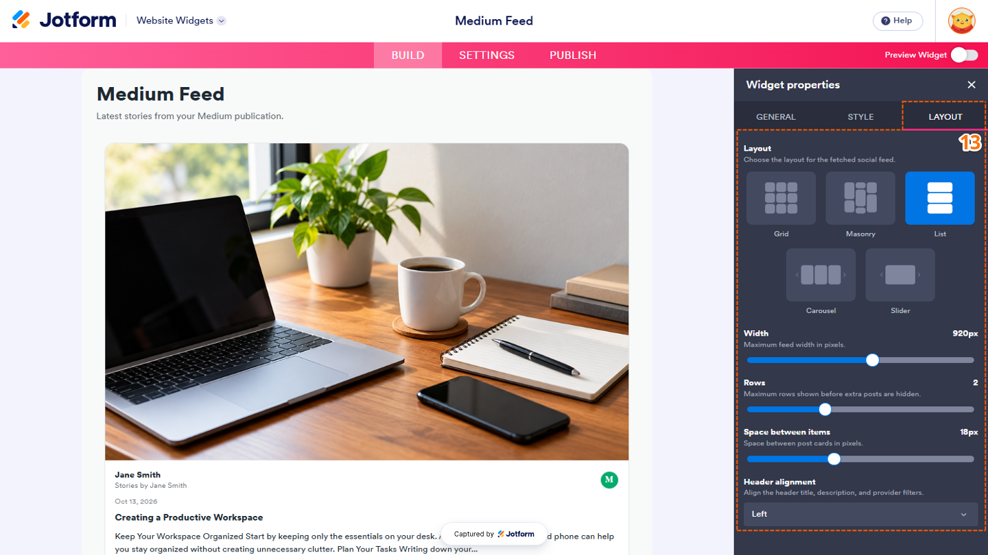 Website Widgets Layout tab showing options to choose the feed layout, adjust the Width, set the number of Rows, control Space Between Items, and align the header using Header Alignment