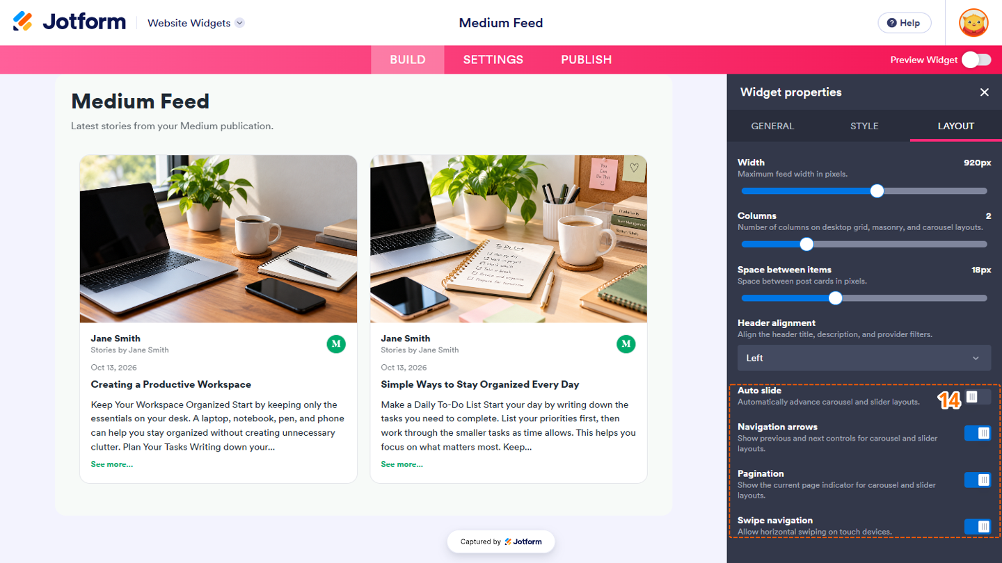 Website Widgets Layout tab showing the Auto Slide, Navigation Arrows, Pagination, and Swipe Navigation settings for customizing automatic transitions, navigation controls, page indicators, and touch-based navigation in the Carousel or Slider layout