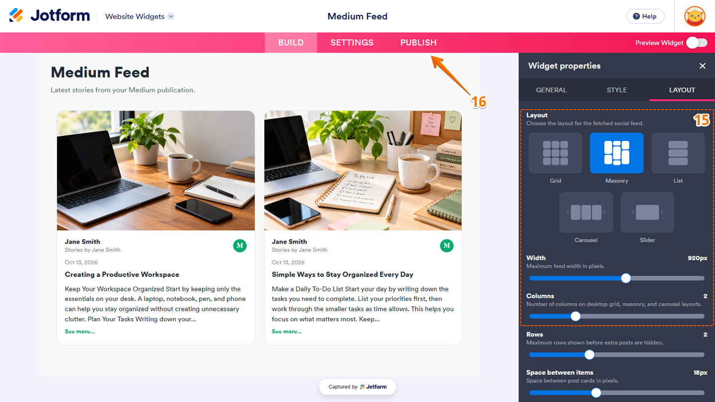 Website Widgets Layout tab showing the Columns slider for adjusting the number of columns in Grid or Masonry layouts, with the Publish button in the pink navigation bar at the top of the page