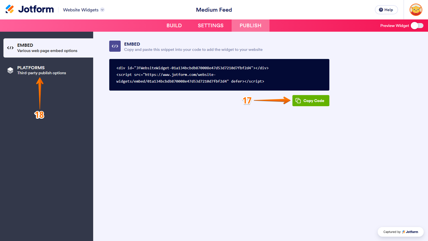 Website Widgets Embed section showing the Copy Code button for copying the widget’s embed code, with the Platforms option in the left-side menu for viewing platform-specific embedding instructions