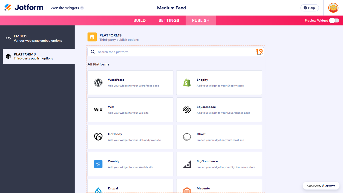 Website Widgets Platforms section showing available platforms and a Search bar at the top for finding the platform you want to view embedding instructions for