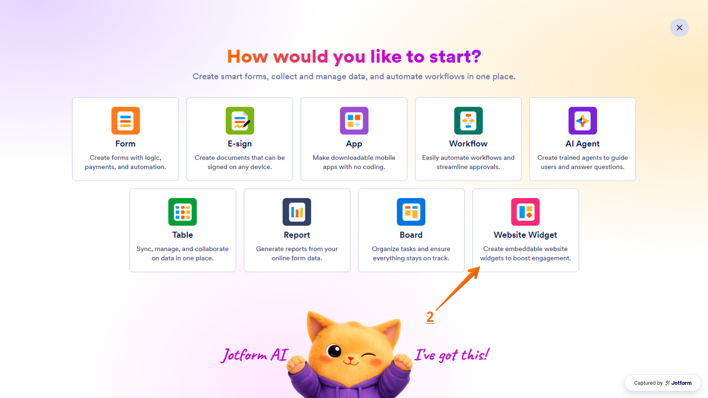 Create menu displaying the Website Widget option for creating a new website widget