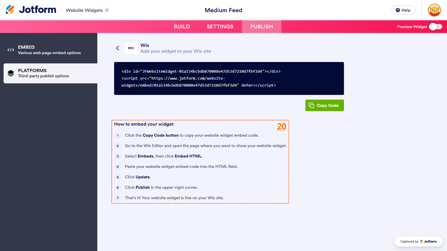 Website Widgets platform instructions showing the How to Embed Your Widget section with step-by-step instructions for adding the widget to a website