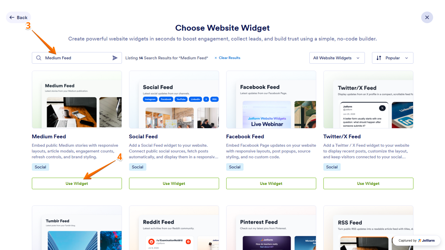 Choose Website Widget page showing the Medium Feed widget searched in the search bar with the Use Widget button