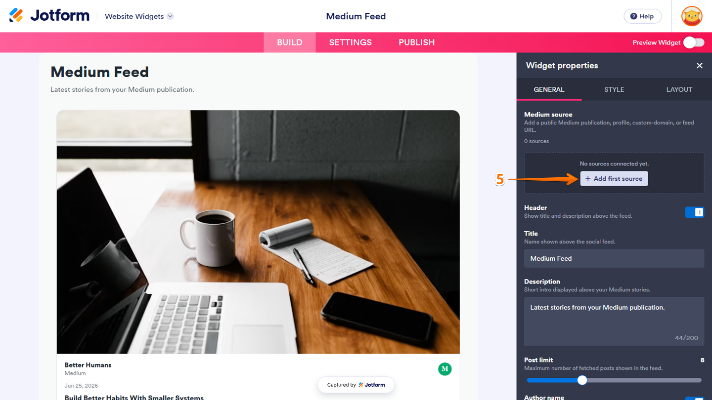 Website Widgets editor showing the Widget Properties menu on the right side, with the Add First Source option in the Medium Source section for adding a source to the widget