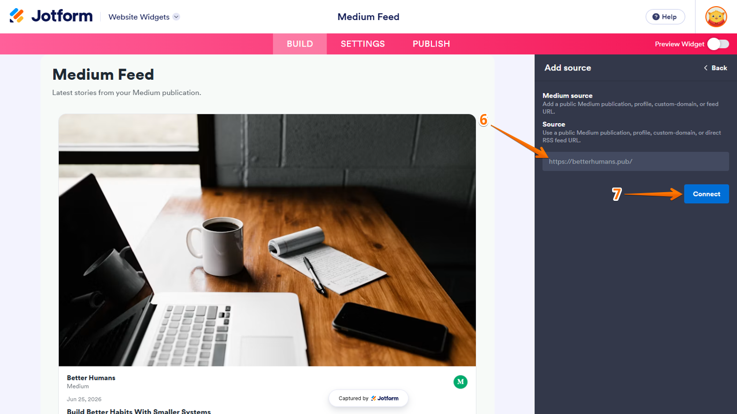 Add Source menu in Website Widgets showing the Source field for entering an RSS feed URL and the Connect button to connect the feed to the widget