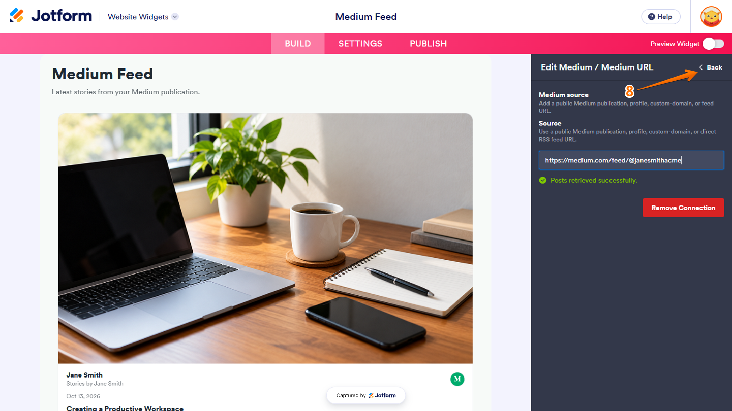 Edit Medium/Medium URL menu showing the Back button at the top-right to return to the General tab in Website Widgets