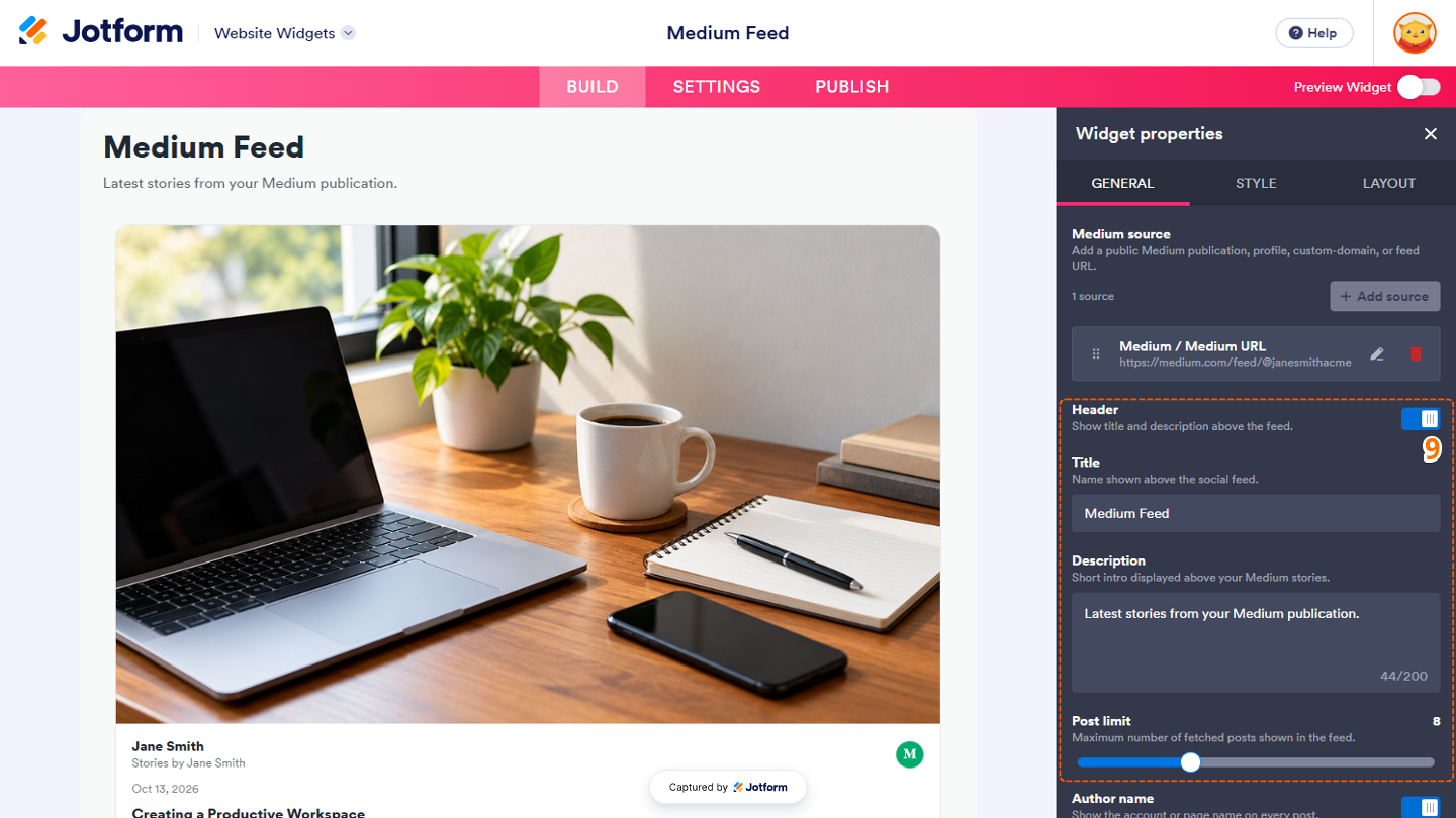 Website Widgets General tab showing the Header, Title, Description, and Post Limit settings for customizing the feed header, introduction, and maximum number of Medium posts displayed