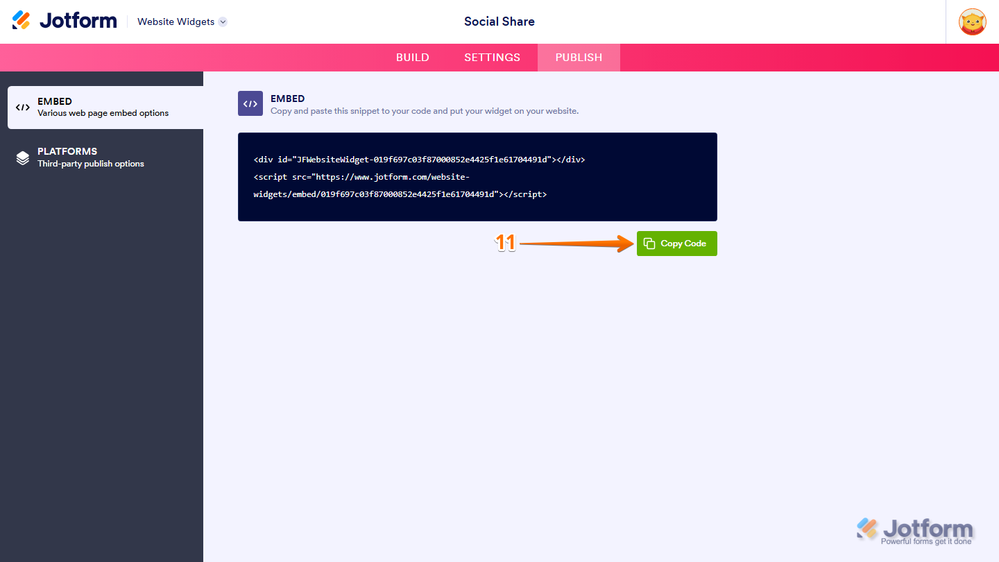 Jotform Embed section displaying the Copy Code button for copying the published Social Share widget embed code