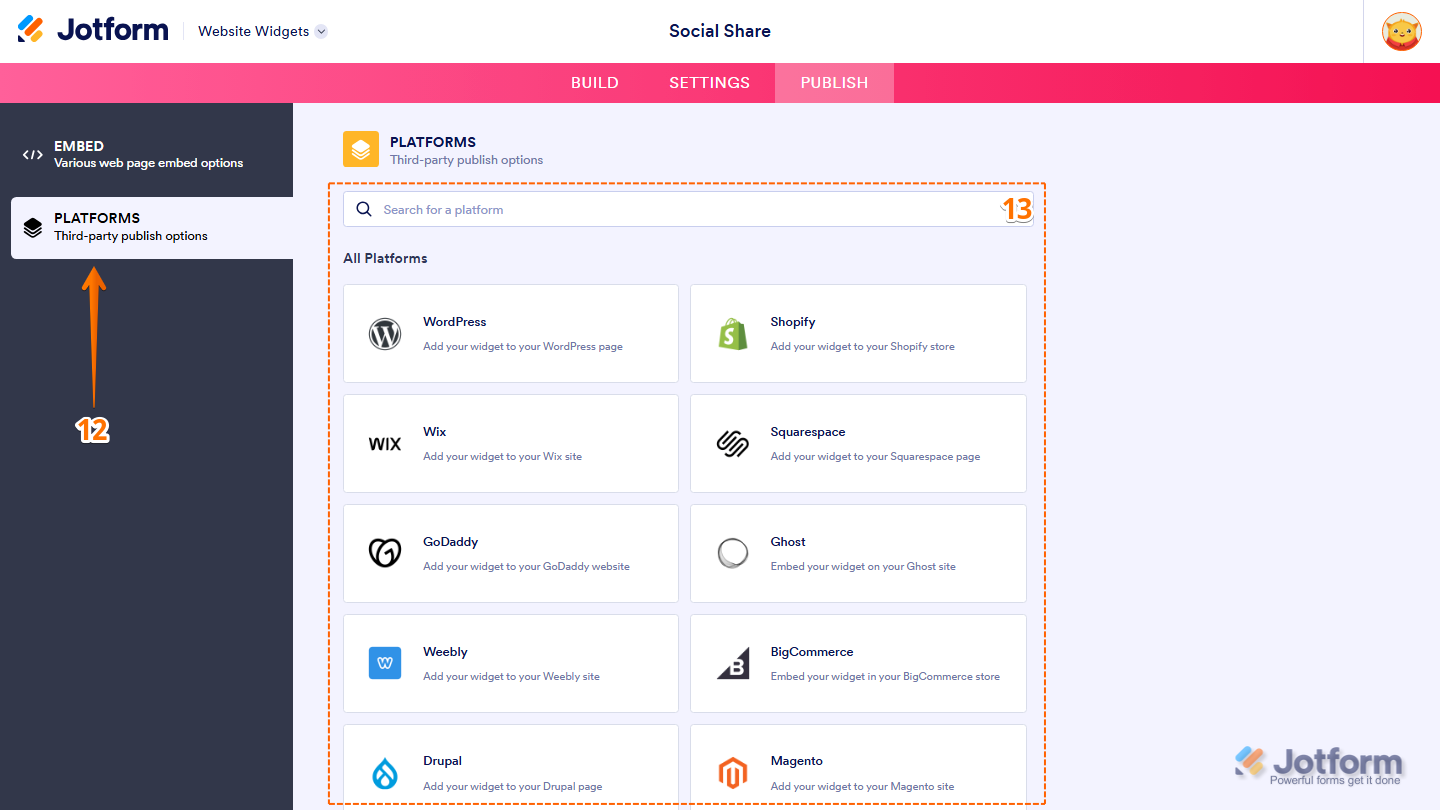 Jotform Embed page displaying the Platforms menu on the left and a list of supported website platforms on the right, with a Search bar for finding platform-specific embedding instructions for the Social Share widget