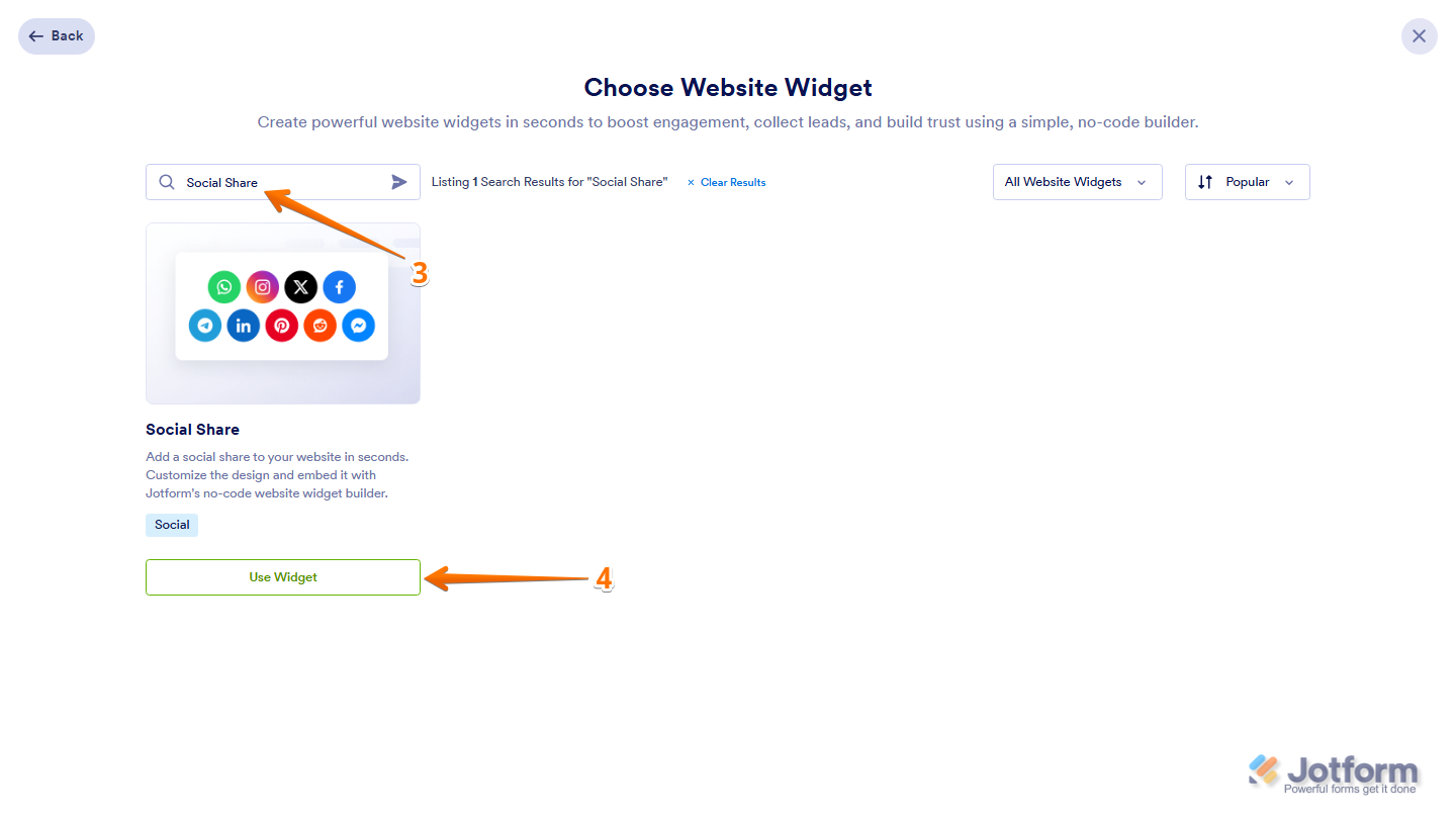 Jotform Choose Website Widget window with Social Share entered in the search bar and the Use Widget button visible on the Social Share widget card in the search results