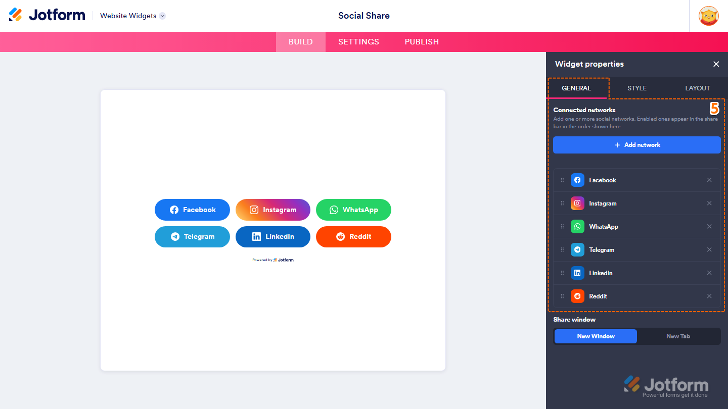 Jotform Website Widget Builder displaying the Widget Properties panel under the General tab with connected social networks, including Six Dots drag handles for reordering and X icons for removing social networks