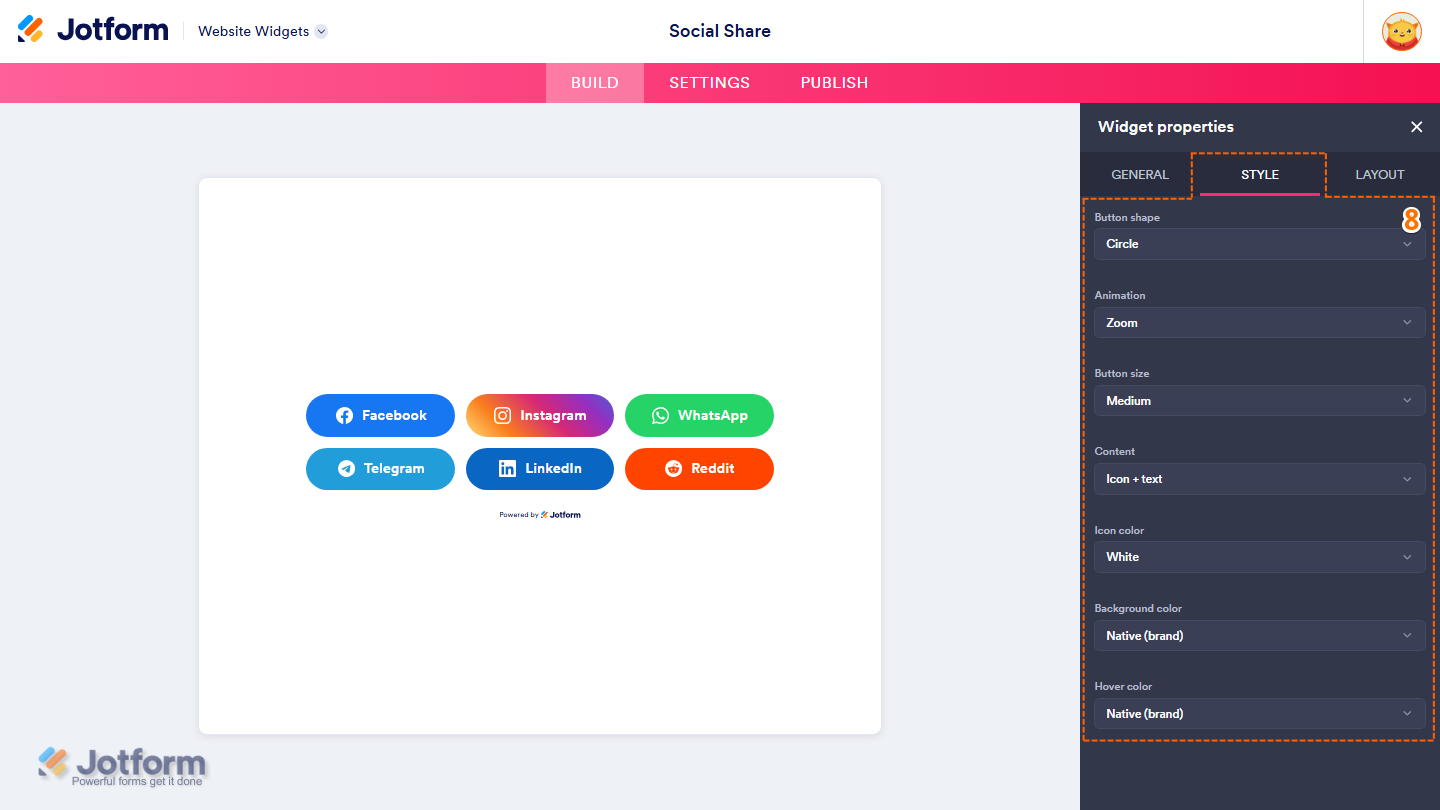 Jotform Website Widget Builder displaying the Widget Properties panel under the Style tab with customization settings for Button Shape, Animation, Button Size, Content, Icon Color, Background Color, and Hover Color for the Social Share widget