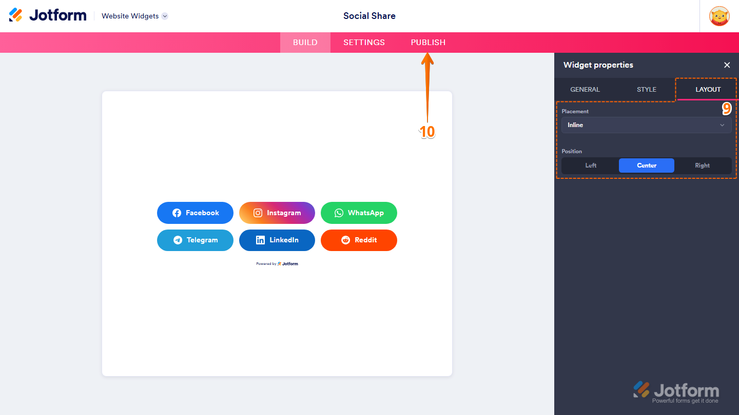 Jotform Website Widget Builder displaying the Widget Properties panel under the Layout tab with Placement and Position settings, and the Publish button visible in the pink navigation bar at the top of the page