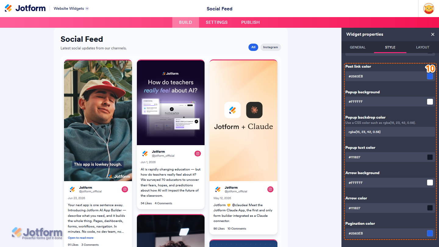 Jotform Website Widget Builder showing the Style tab with appearance settings for Post Link Color, Popup Background, Popup Backdrop Color, Popup Text Color, Arrow Background, Arrow Color, and Pagination Color to customize the social feed widget