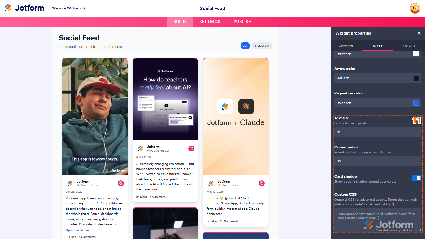 Jotform Website Widget Builder displaying the Style tab with customization options for Text Size, Corner Radius, Card Shadow, and Custom CSS to personalize the appearance of the social feed widget