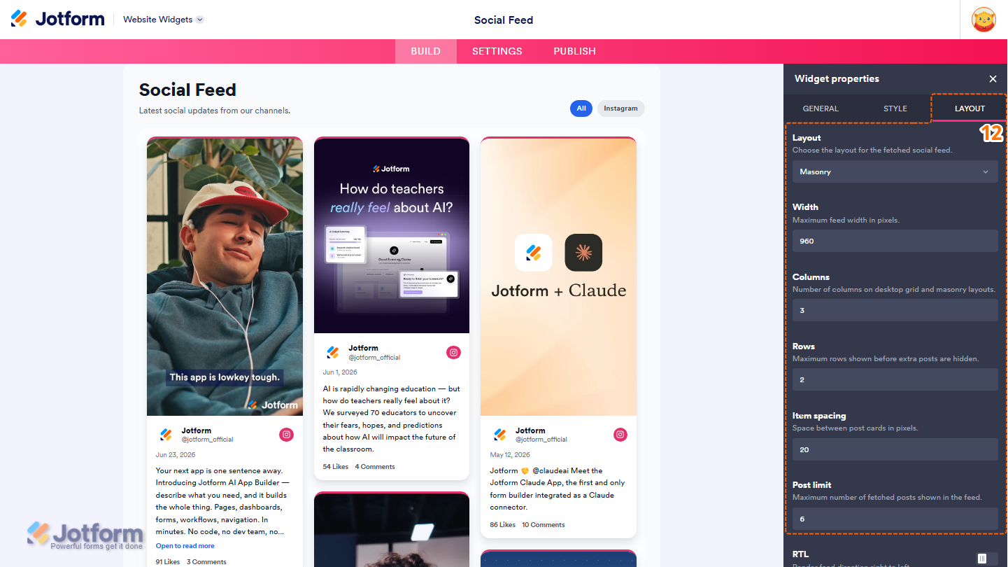 Jotform Website Widget Builder displaying the Style tab with layout settings for Layout, Width, Columns, Rows, Item Spacing, and Post Limit to customize the social feed widget layout
