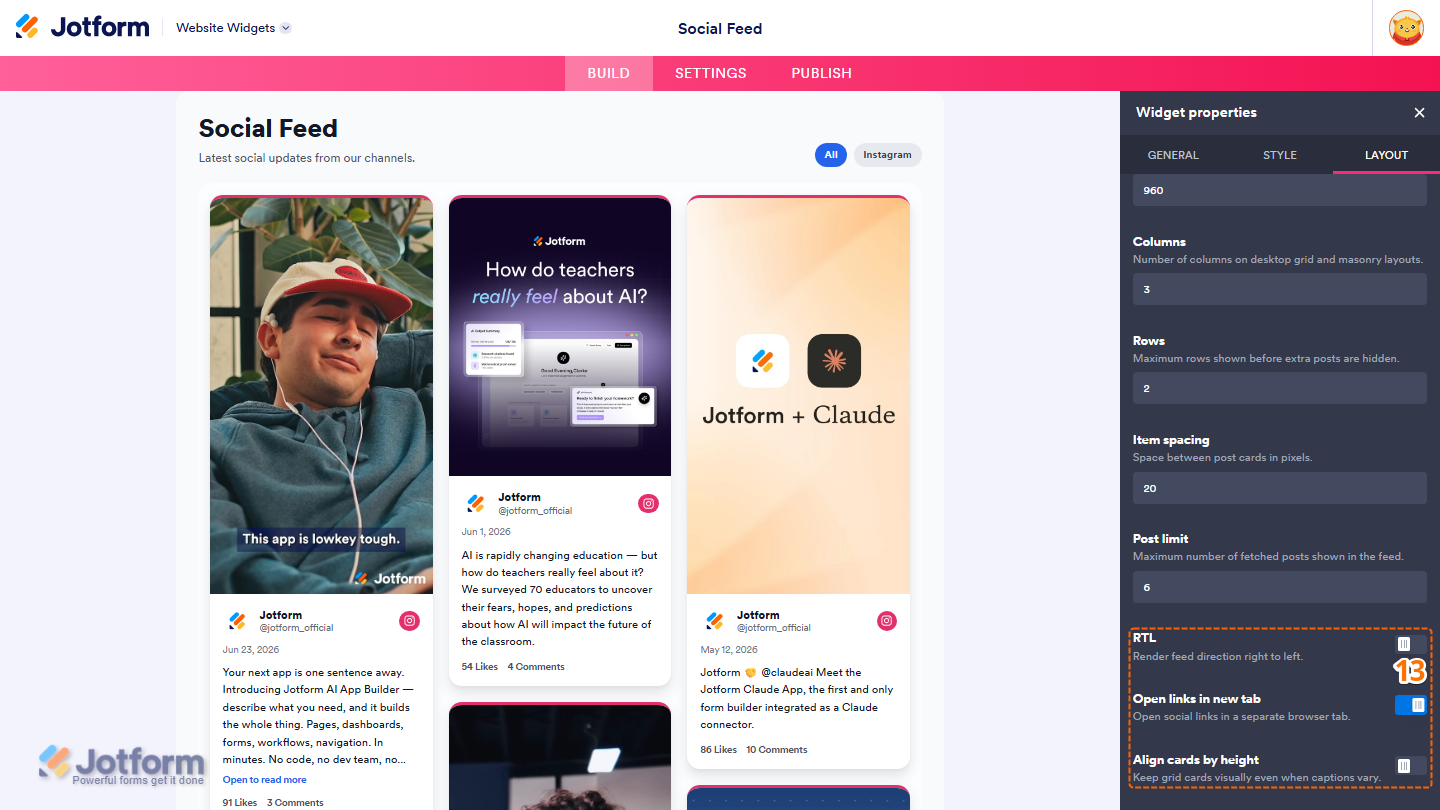 Jotform Website Widget Builder displaying the Style tab with layout settings for RTL, Open Links in New Tab, and Align Cards by Height to customize the behavior and appearance of the social feed widget