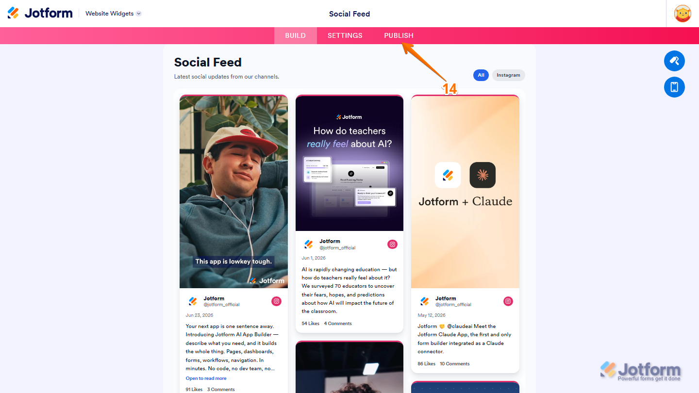Jotform Website Widget Builder showing the Publish button in the pink navigation bar at the top of the page, ready to publish the configured social feed widget