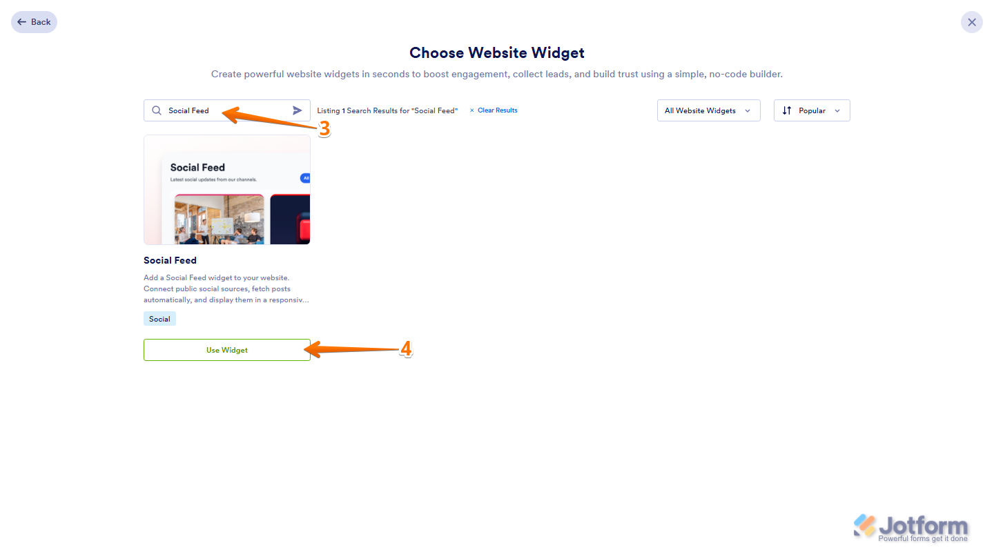 Jotform Choose Website Widget page showing the Search bar with PDF Embed entered, and the Use Widget button selected from the search results