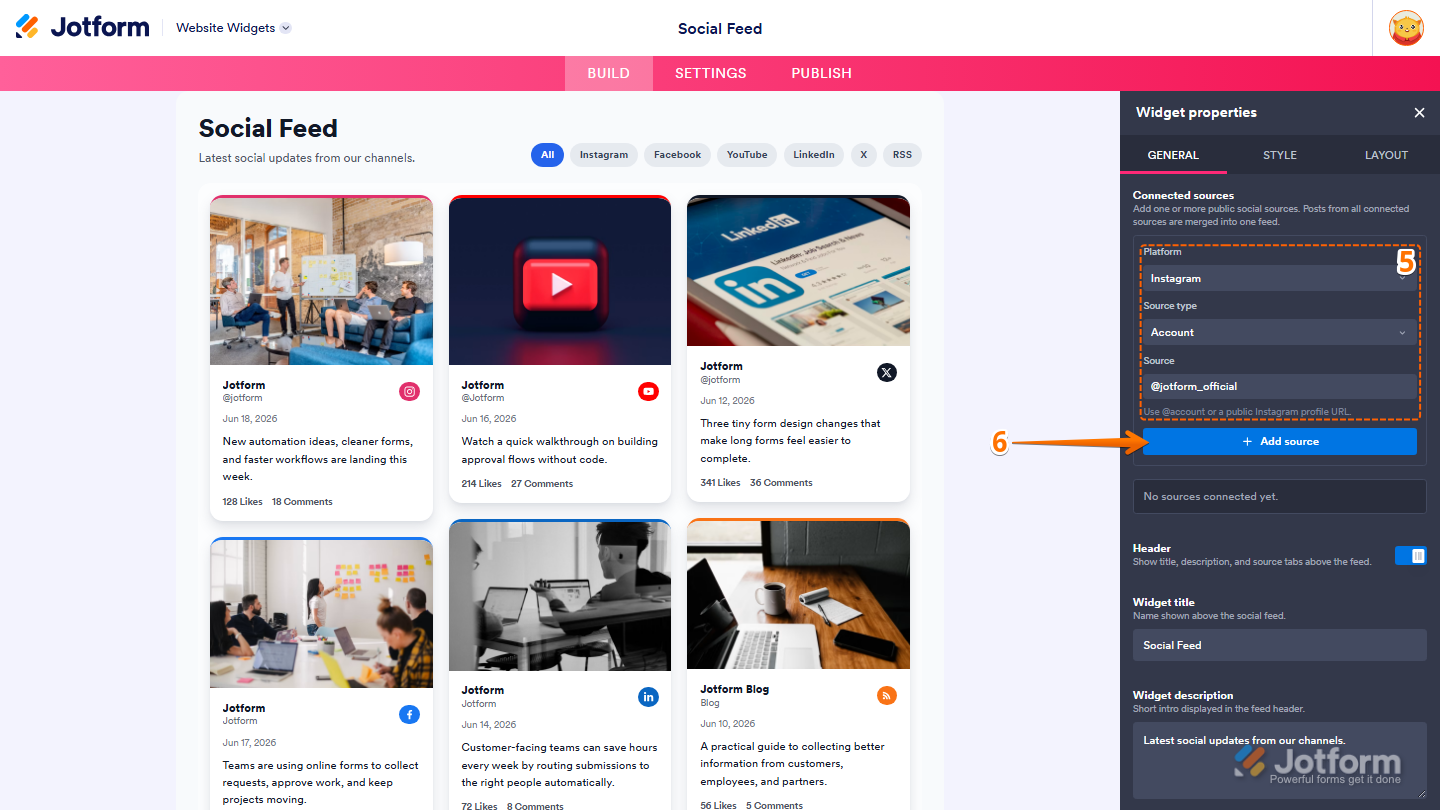 Jotform Website Widget Builder showing the Widget Properties panel under the General tab with Platform, Source Type, and Source fields configured, and the Add Source button ready to add the selected social media or RSS feed source