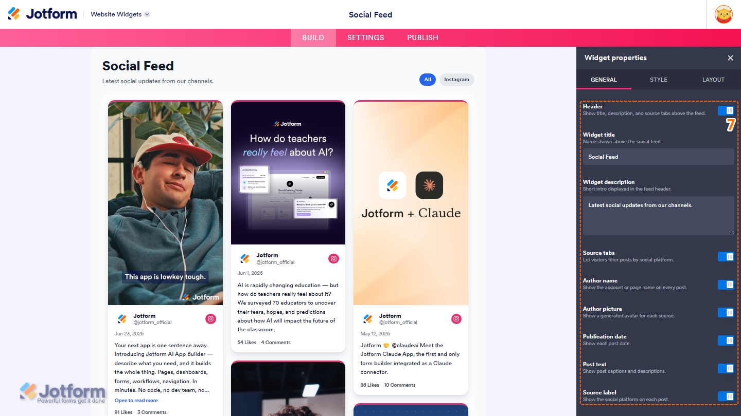 Jotform Website Widget Builder displaying the Widget Properties panel with display options for Header, Widget Title, Widget Description, Source Tabs, Author Name, Author Picture, Publication Date, Post Text, and Source Label to customize the social feed widget