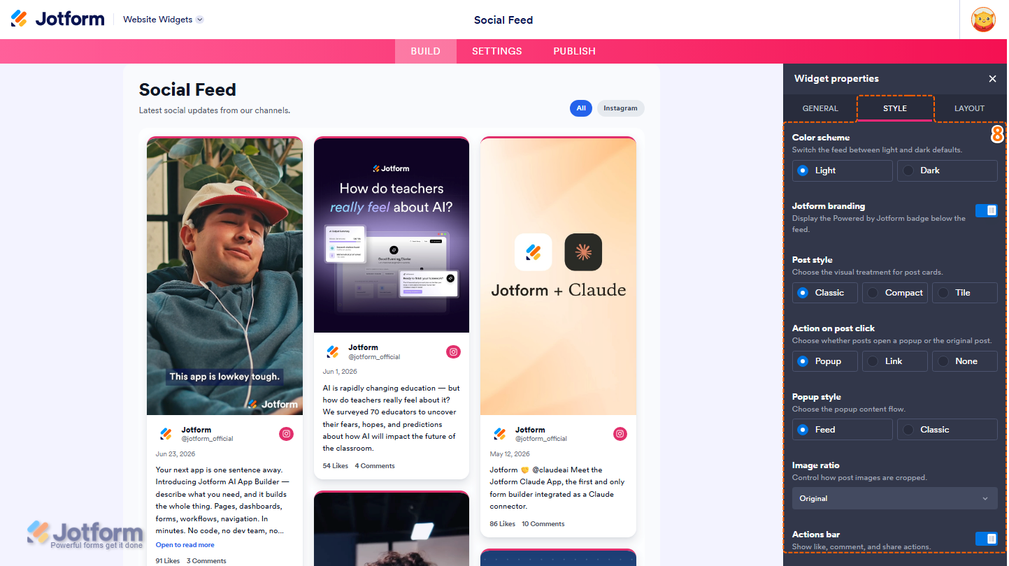 Jotform Website Widget Builder showing the Style tab with customization options for Color Scheme, Jotform Branding, Post Style, Action on Post Click, Popup Style, Image Ratio, and Actions Bar to personalize the social feed widget