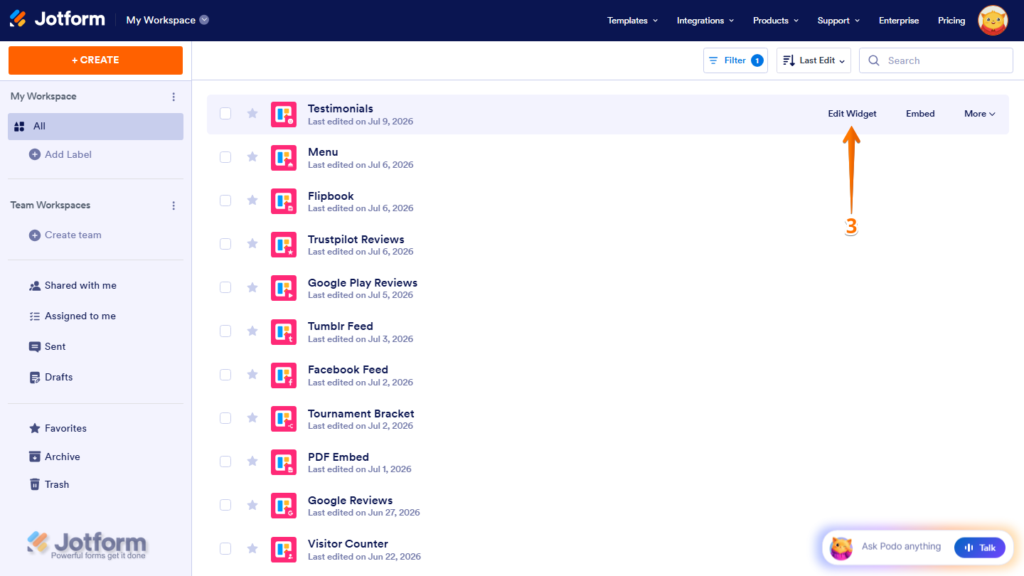 Jotform Workspace displaying a filtered list of website widgets, with the Edit Widget option visible on the right side of a widget card to open it in the Website Widget Builder