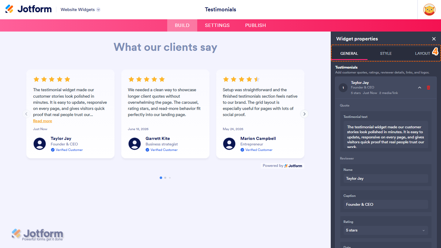 Jotform Website Widget Builder displaying the Widget Properties panel with the General, Style, and Layout tabs open, allowing users to edit the appearance, content, and display settings of a Facebook Feed widget