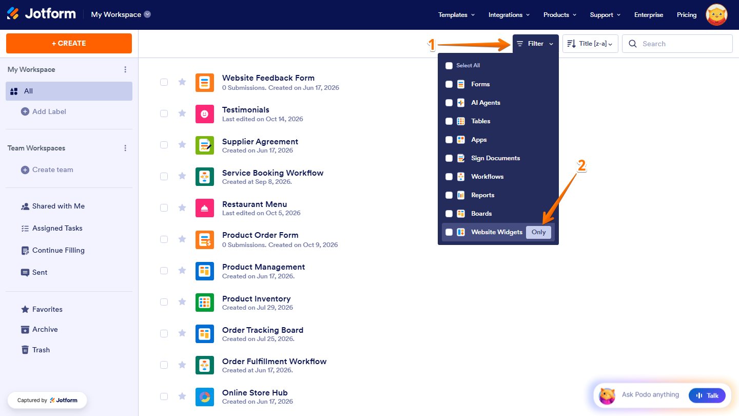 Jotform Workspace page displaying the Filter dropdown menu with the Website Widgets option and the Only filter on the right side