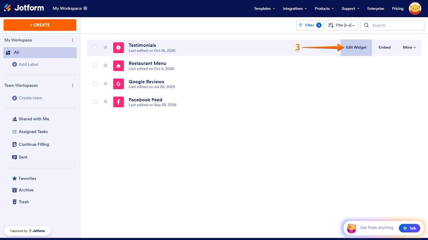 Jotform Workspace page filtered to Website Widgets, displaying a Testimonials widget with the Edit Widget option on the right side