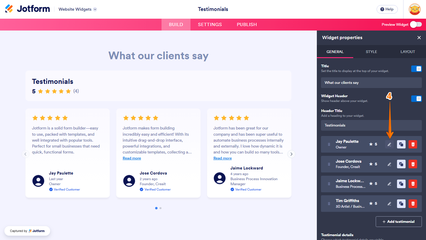 Jotform Website Widgets interface displaying the right-side Widget Properties menu with the Testimonials section and the Pencil icon next to each testimonial for editing its details