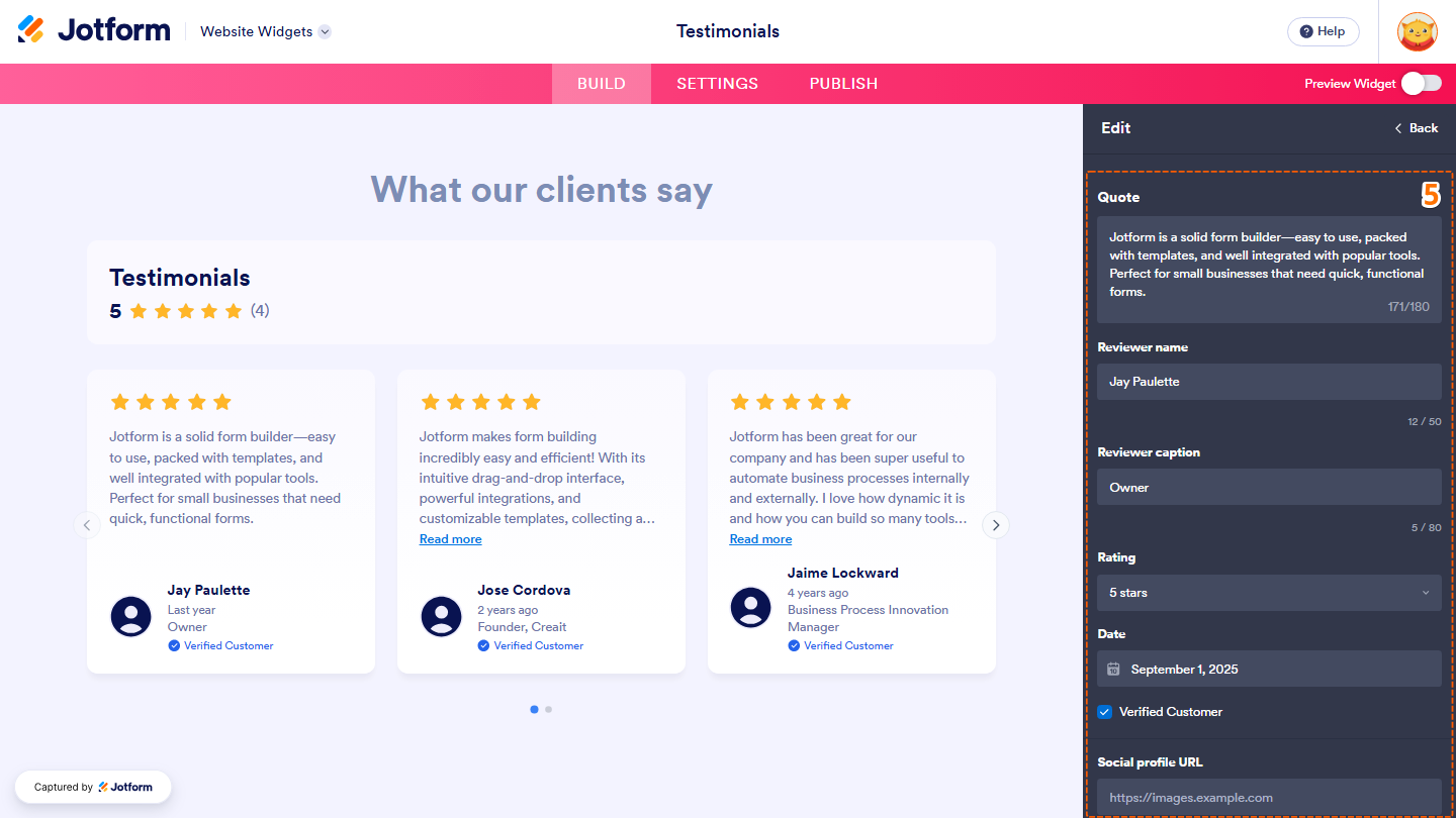 Jotform Website Widgets interface displaying the testimonial Edit menu with fields for Quote, Reviewer Name, Reviewer Caption, Rating, Date, Verified Customer, and Social Profile URL