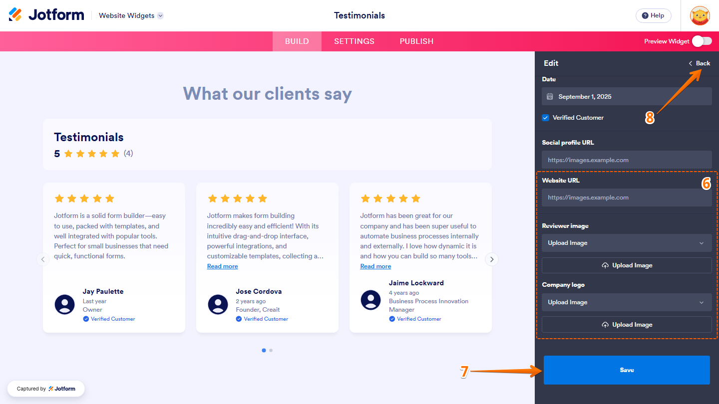 Jotform Website Widgets testimonial Edit menu displaying the Website URL, Reviewer Image, and Company Logo fields, along with the Save button and Back option to save changes and return to the Widget Properties menu