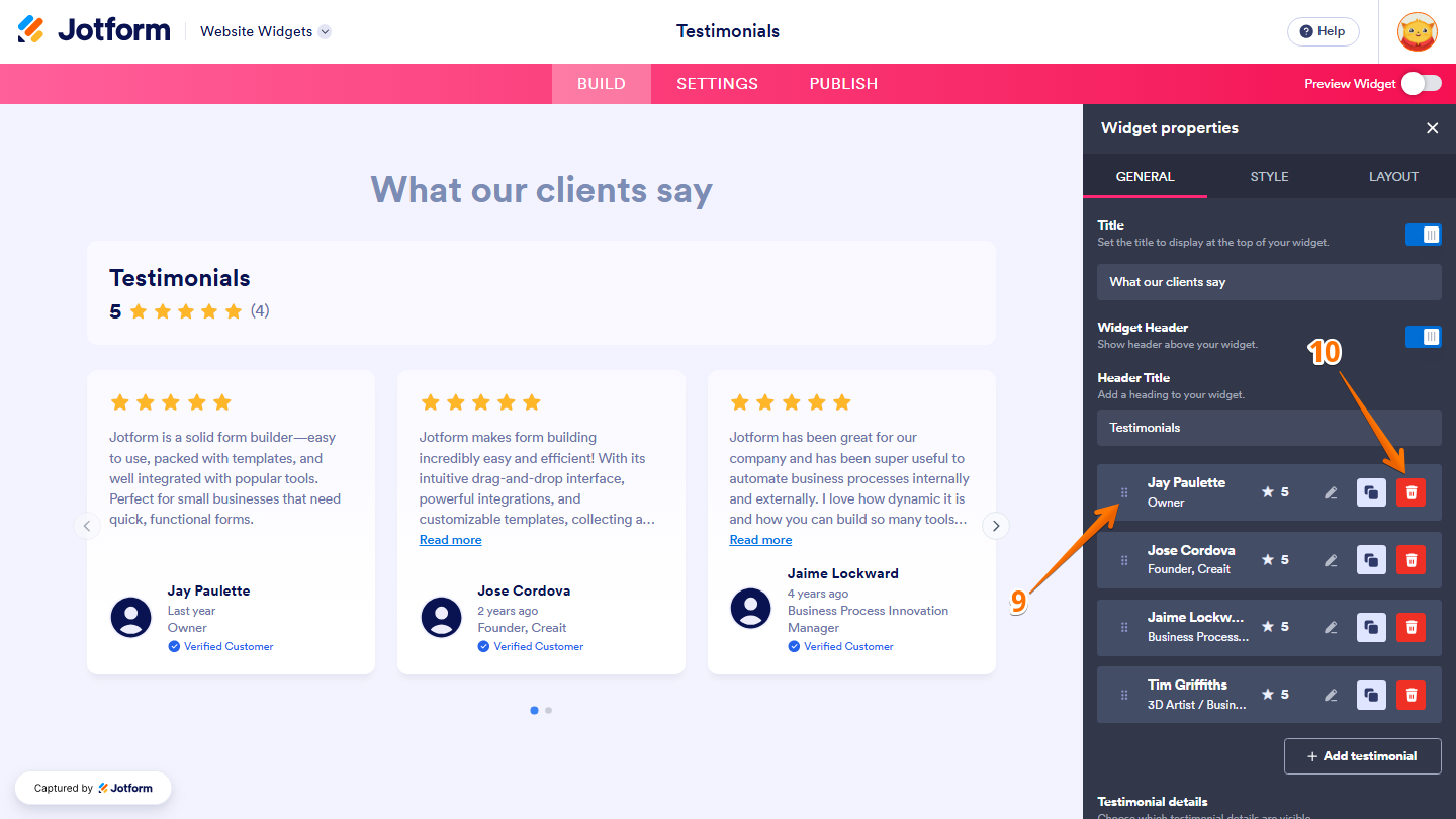 Jotform Website Widgets interface displaying the Testimonials section with the Six Dots icon on the left of each testimonial for reordering and the Trash Can icon on the right for deleting a testimonial