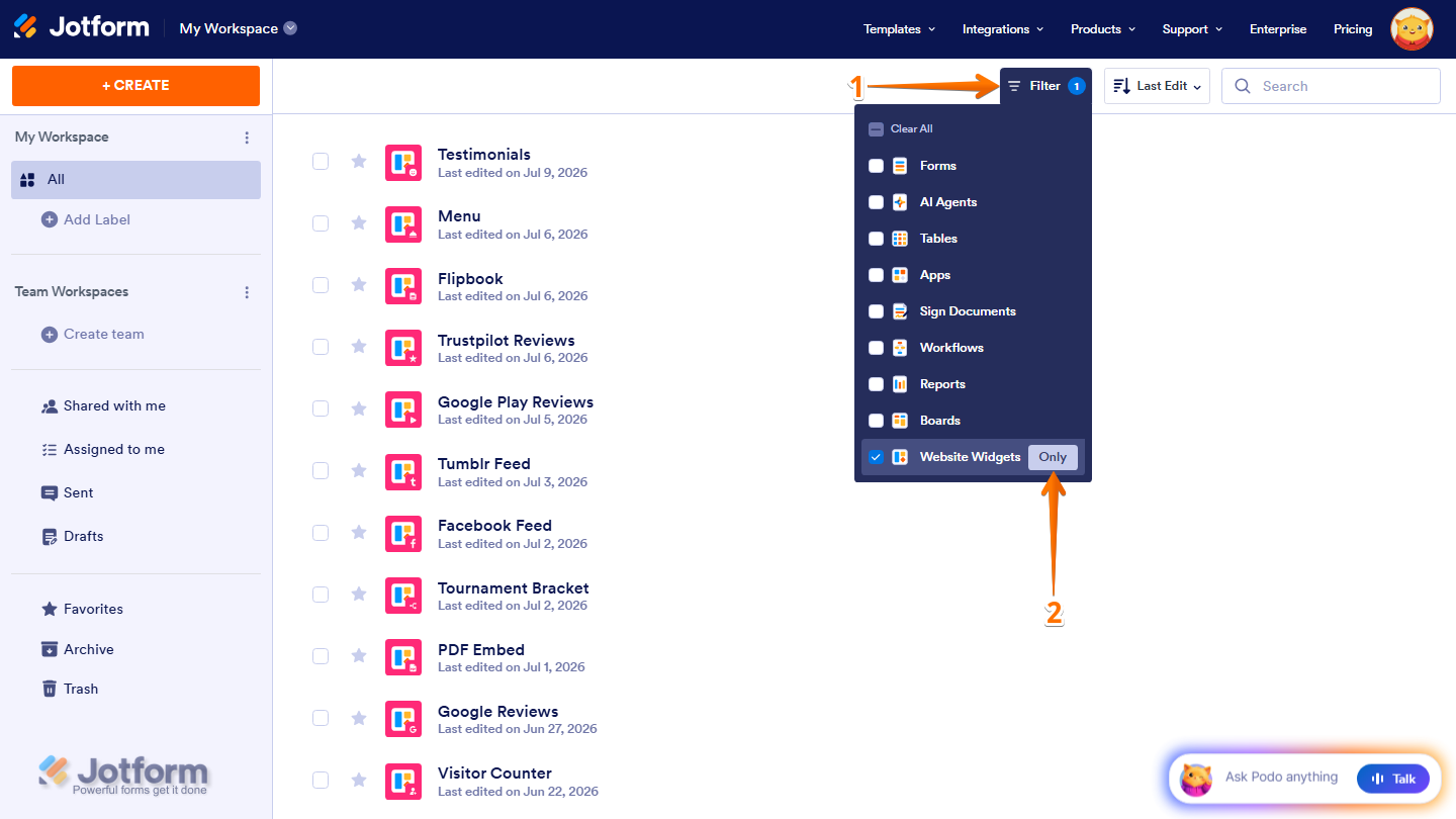 Jotform Workspace showing the Filter menu with the Website Widgets filter set to Only, displaying only website widget assets on the Workspace page